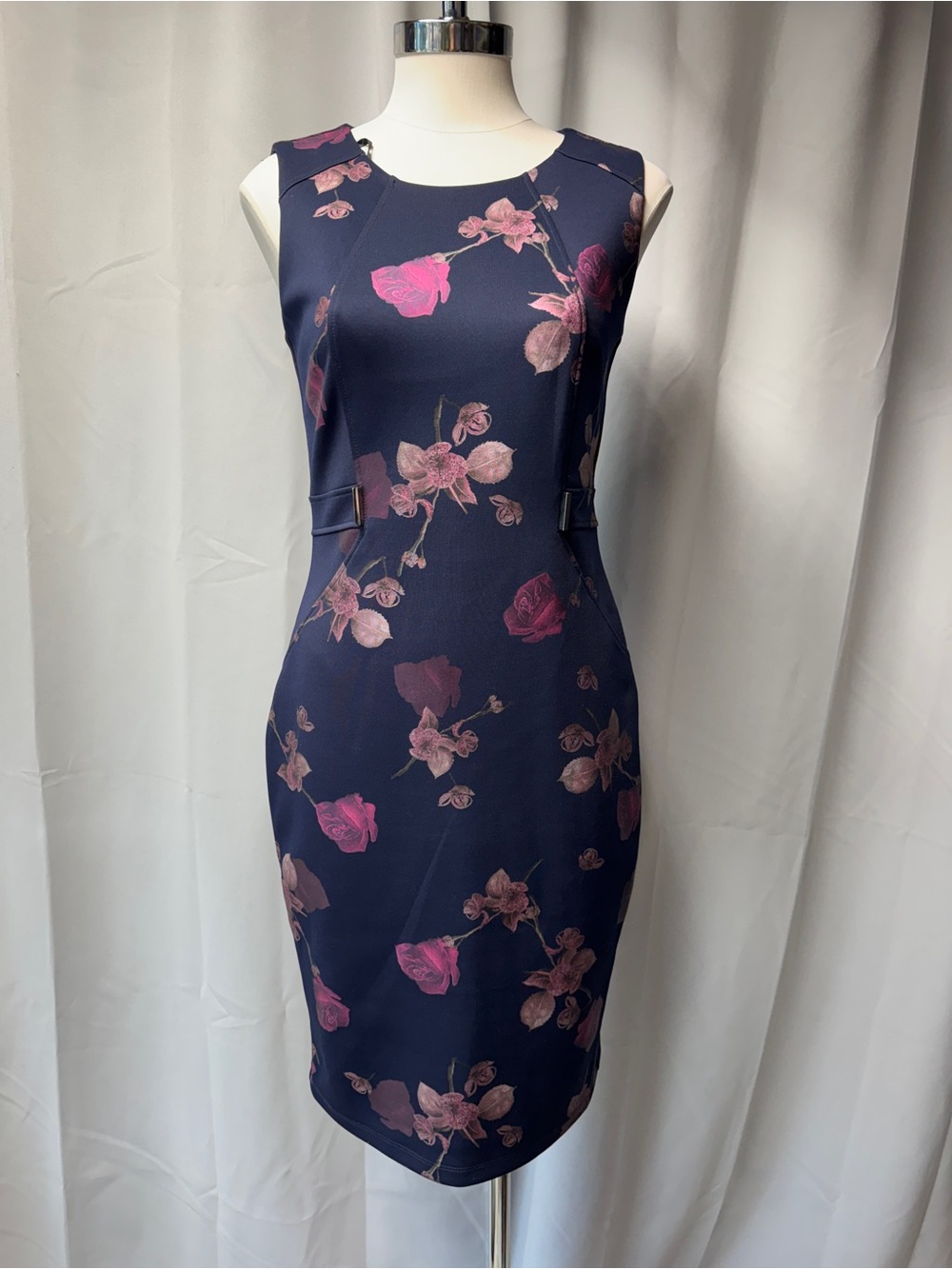 Sleeveless Navy/purpleFloral Sheath Dress - Pink Rose Print